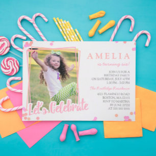 Pink & Peach Confetti Photo Kids Birthday Party Invitation