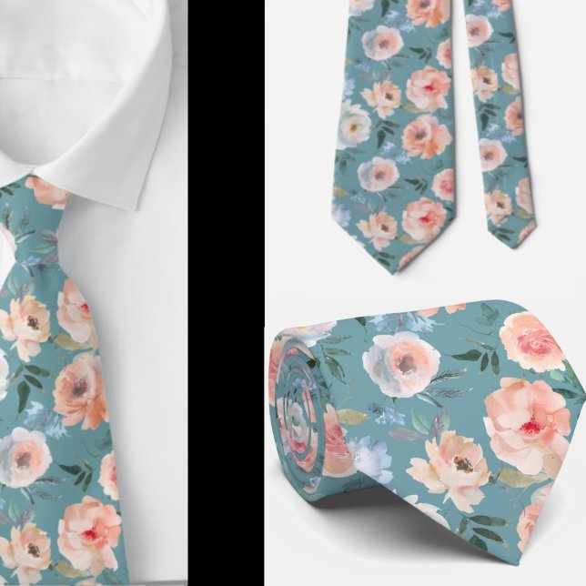 Pink Peach Dusty Light Blue Roses Floral Neck Tie (Creator Uploaded)