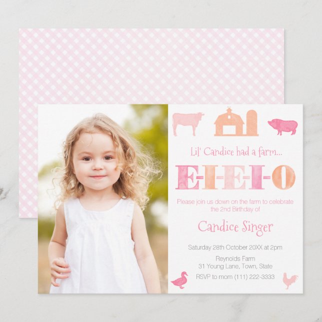 Pink Peach EIEIO Petting Zoo Girl Birthday Party  Invitation (Front/Back)