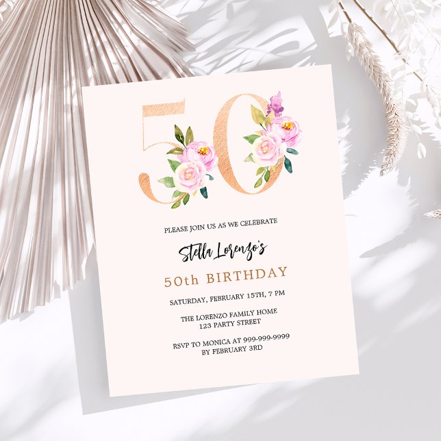 Pink peach floral 50th birthday budget invitation (Creator Uploaded)