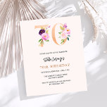 Pink peach floral 70th birthday budget invitation<br><div class="desc">A modern,  stylish and glamourous invitation for a 70th birthday party.  A peach coloured background.  Decorated with foral numbers in faux gold and pink.  The name is written with a modern hand lettered style script.  Personalise and add your party details. 

1 sheet = 1 invitation printed edge to edge.</div>