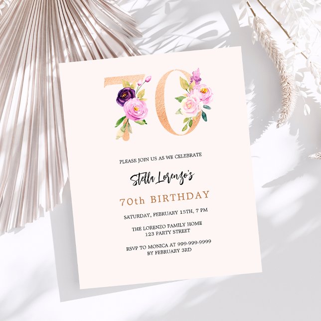 Pink peach floral 70th birthday budget invitation (Creator Uploaded)