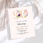 Pink peach floral 90th birthday budget invitation<br><div class="desc">A modern,  stylish and glamourous invitation for a 90th birthday party.  A peach coloured background.  Decorated with foral numbers in faux gold and pink.  The name is written with a modern hand lettered style script.  Personalise and add your party details. 

1 sheet = 1 invitation printed edge to edge.</div>