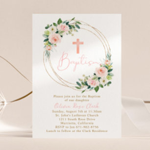 Pink Peach Floral Baptism Gold Frame Invitation
