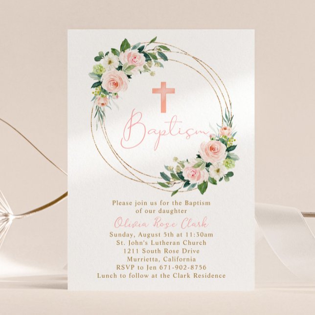 Pink Peach Floral Baptism Gold Frame Invitation (Creator Uploaded)