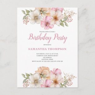 Pink Peach Floral Birthday Invitation Postcard
