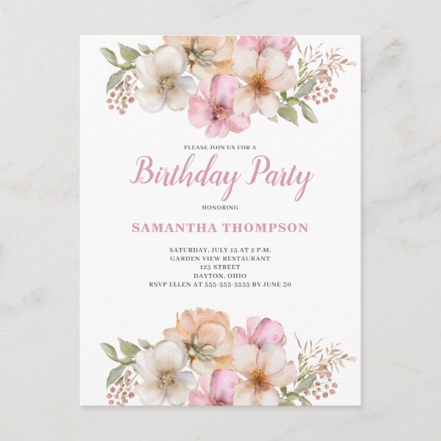 Pink Peach Floral Birthday Invitation Postcard (Front)