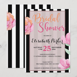 Pink peach floral black white stripe bridal shower invitation