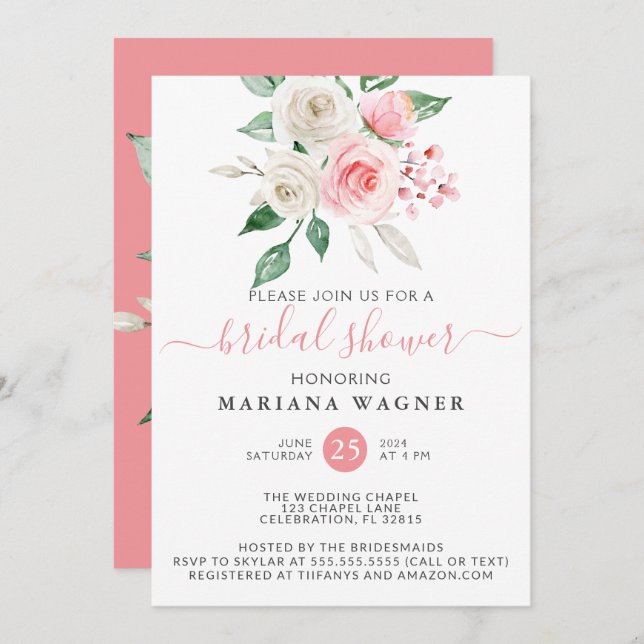 Pink Peach Floral Bridal Shower Invitation (Front/Back)