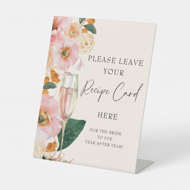 Pink Peach Floral Champagne Recipe Card Pedestal Sign (Front)
