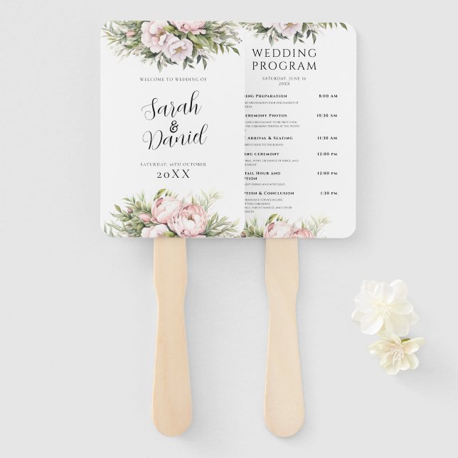 Pink Peach Floral Elegant Wedding Programs Hand Fan (Front and Back)