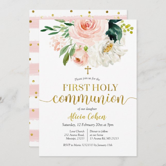 Pink Peach Floral First Holy Communion Card (Front/Back)