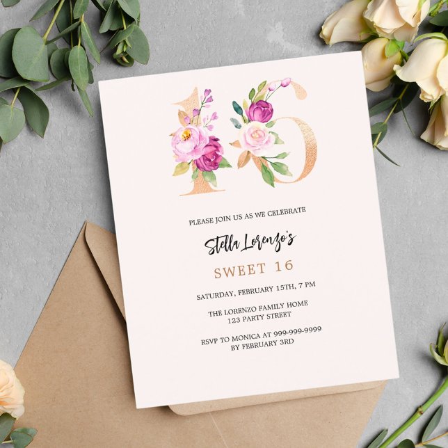 Pink peach floral gold Sweet 16 budget invitation (Creator Uploaded)