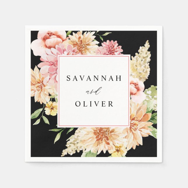 Pink & Peach Floral & Greenery Name - Black Napkin (Front)