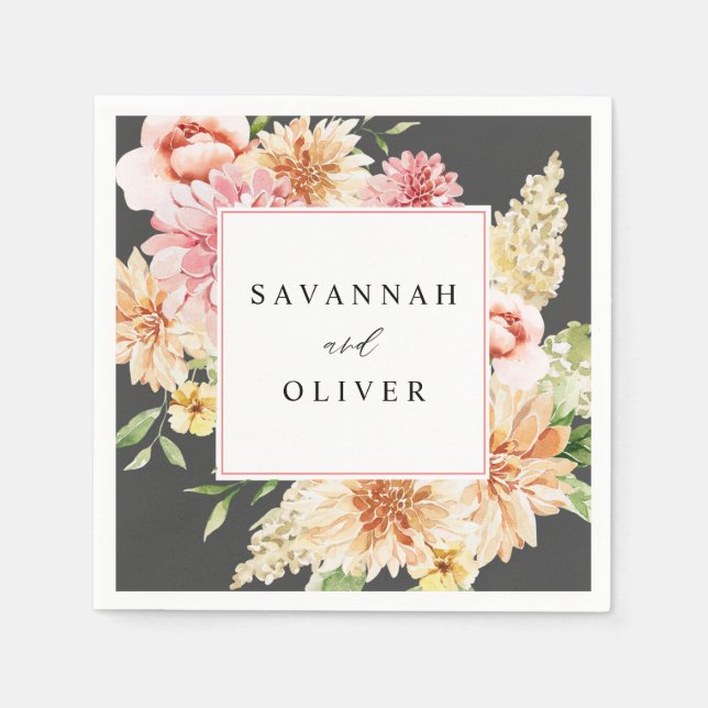 Pink & Peach Floral & Greenery Name - Grey Napkin (Front)