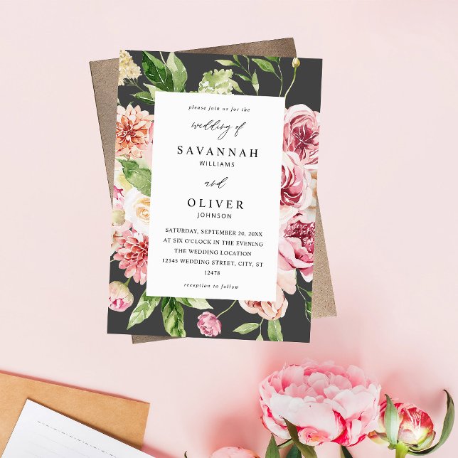 Pink & Peach Floral & Greenery Wedding - Grey Invitation (Creator Uploaded)