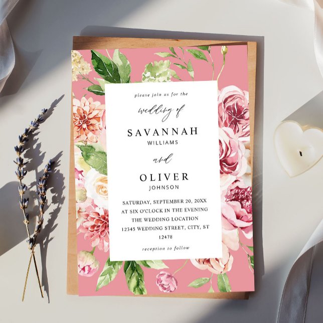 Pink & Peach Floral & Greenery Wedding - Pink Invitation (Creator Uploaded)