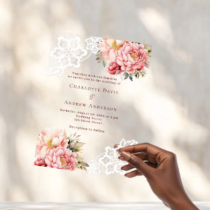 Pink peach floral lace arch wedding acrylic invitations