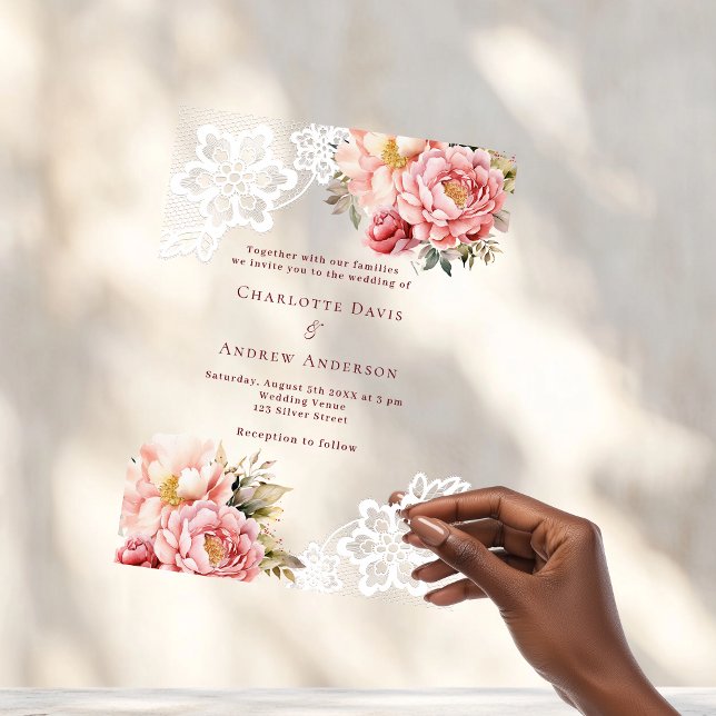 Pink peach floral lace arch wedding acrylic invitations (Creator Uploaded)