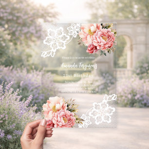 Pink peach floral lace birthday acrylic invitations