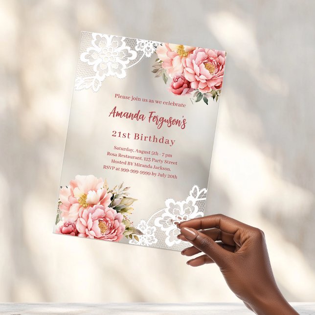 Pink peach floral lace birthday acrylic invitations (Creator Uploaded)