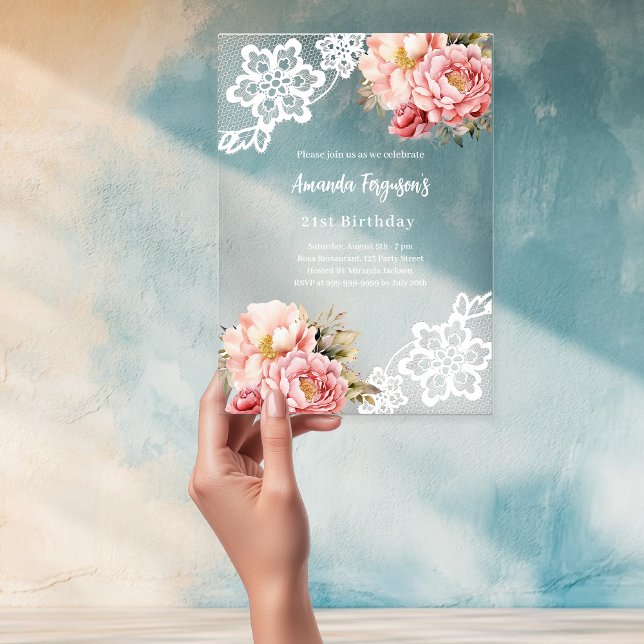 Pink peach floral lace birthday acrylic invitations (Creator Uploaded)