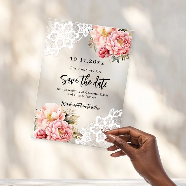 Pink peach floral lace wedding Save the Date card Acrylic Invitations (Creator Uploaded)
