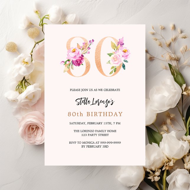Pink peach floral number gold 80th birthday luxury invitation (Creator Uploaded)