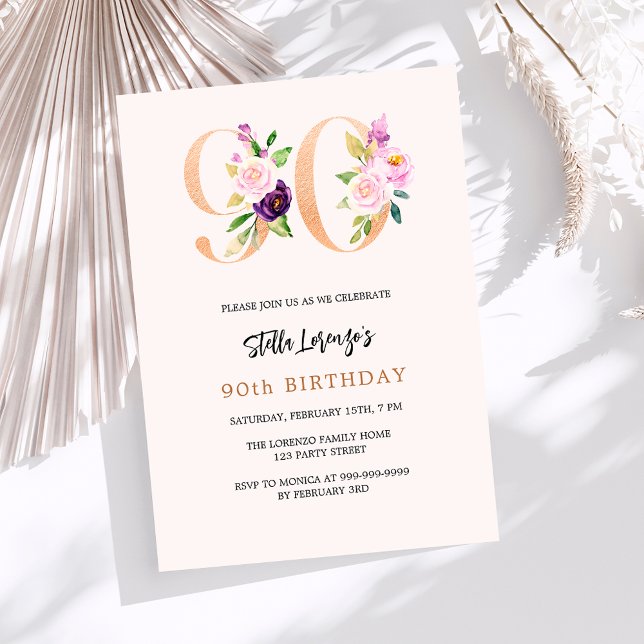 Pink peach floral number gold 90th birthday luxury invitation (Creator Uploaded)