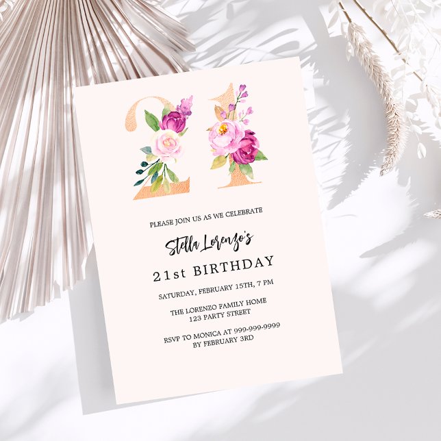 Pink peach floral numbers gold 21st birthday invitation (Creator Uploaded)