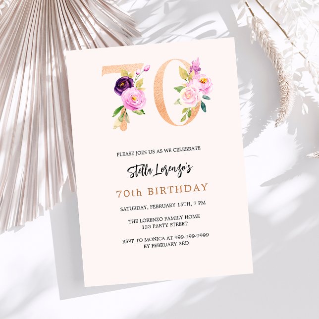 Pink peach floral numbers gold 70th birthday invitation (Creator Uploaded)
