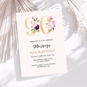Pink peach floral numbers gold 90th birthday invitation