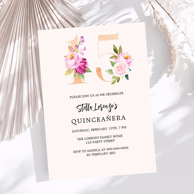 Pink peach floral numbers gold Quinceanera luxury Invitation (Creator Uploaded)