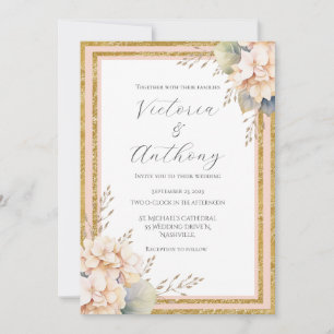 Pink Peach Floral Peony Gold Modern Wedding Invitation