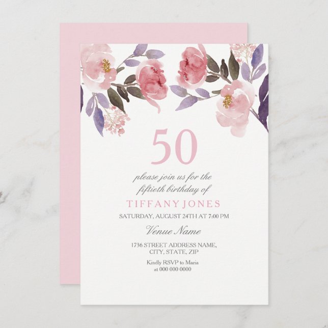 Pink Peach Floral Watercolor 50th Birthday Invite (Front/Back)