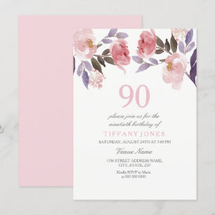 Pink Peach Floral Watercolor 90th Birthday Invite