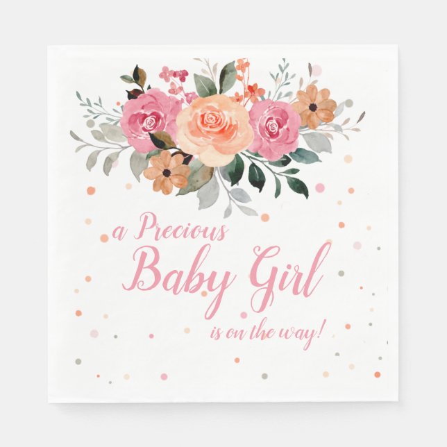 Pink Peach Floral Watercolor Baby Girl Shower Napkin (Front)