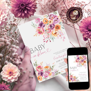 Pink Peach Floral Watercolor Baby In Bloom Digital Invitation