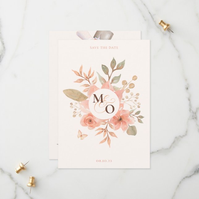 Pink peach floral wedding save the date (Front/Back In Situ)