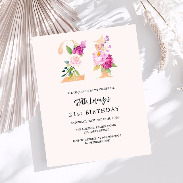 Pink peach florals 21st birthday budget invitation (Creator Uploaded)