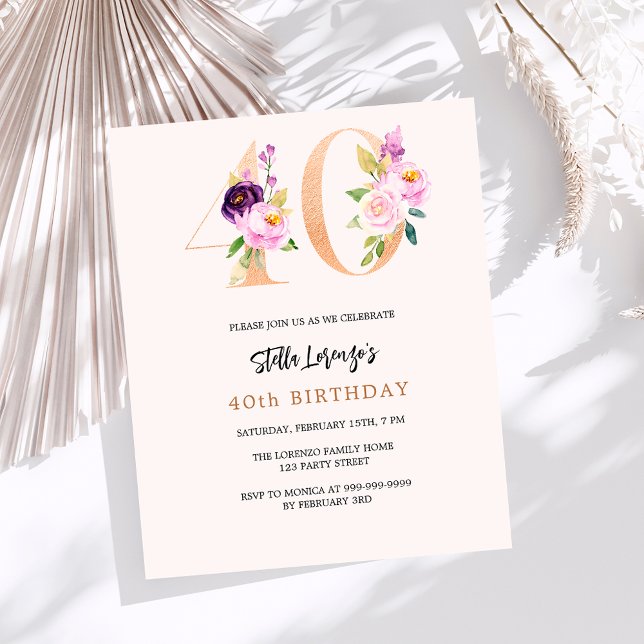 Pink peach florals 40th birthday budget invitation (Creator Uploaded)