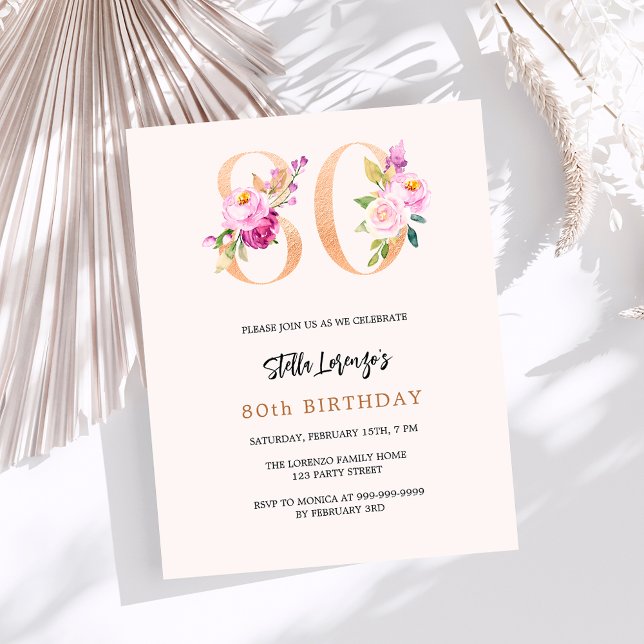 Pink peach florals 80th birthday budget invitation (Creator Uploaded)