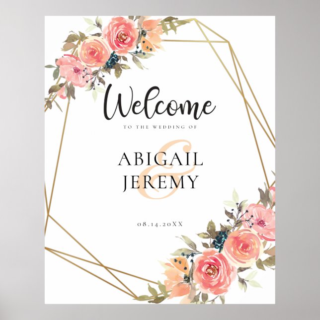 Pink Peach Florals Gold Frame Wedding Welcome Poster (Front)