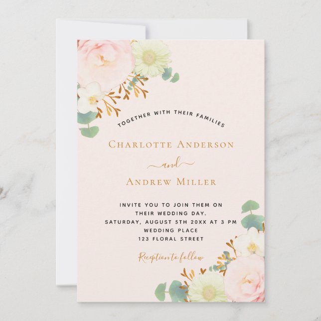 Pink peach florals wedding invitation (Front)