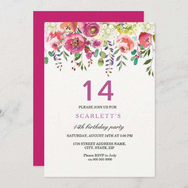 Pink Peach Flowers 14th Birthday Party Invitation (Front/Back)
