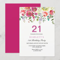 Pink Peach Flowers 21st Birthday Party Invitation