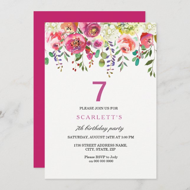 Pink Peach Flowers 7th Birthday Party Invitation (Front/Back)