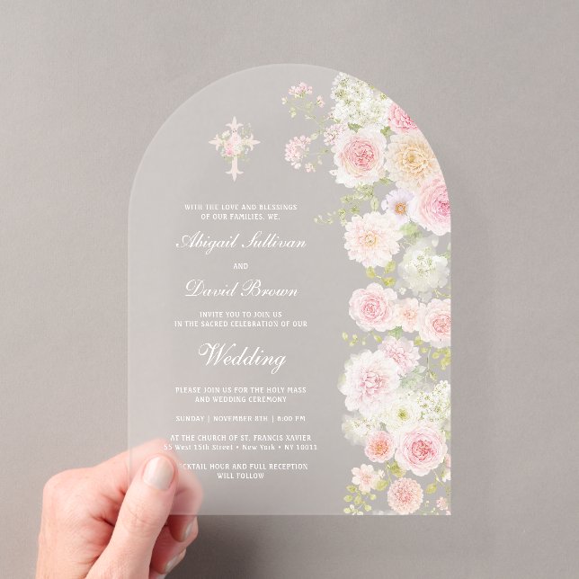Pink Peach Flowers Arch Religious Wedding Acrylic Invitations (Insitu (Handheld))
