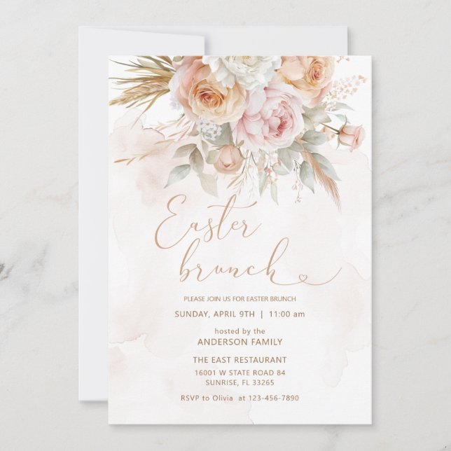 Pink Peach Flowers Easter Brunch  Invitation (Front)