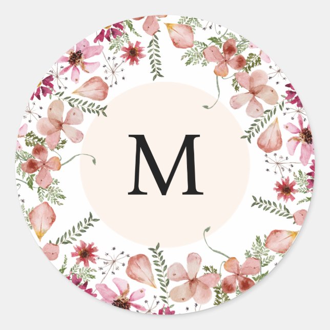 Pink Peach Flowers Monogram Round Envelope Seal (Front)